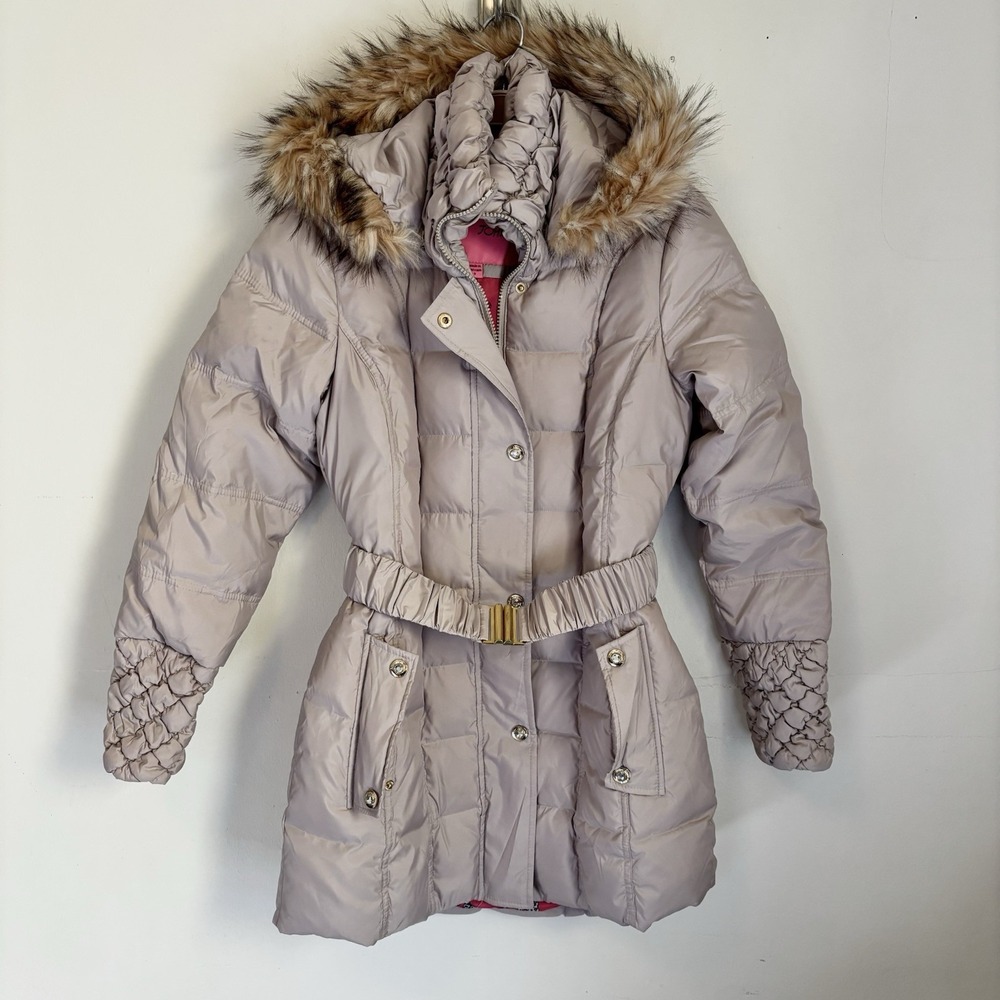 Betsey Johnson Women's Small Down Feather Grey Puffer Coat Belt Fur Hood